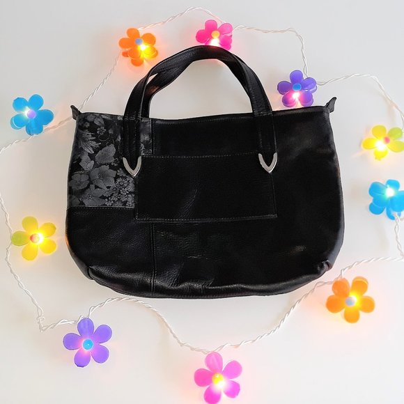 *Bamzi Bag Metallic Silver Flora Printed Black Leather Handbag Midwest - Picture 1 of 8
